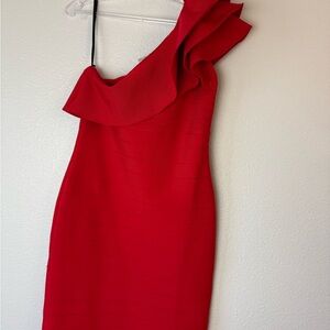 VENUS Red One-Shoulder Ruffle Mini Dress